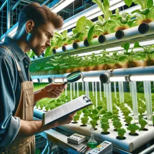 Gardener inspecting hydroponic plants for health and troubleshooting issues